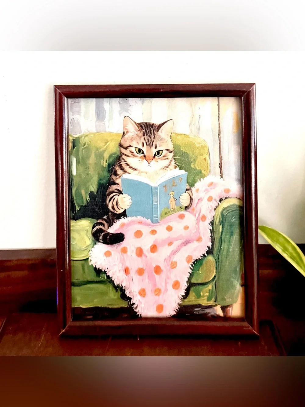 Cozy Cat Reading a Book on Green Couch Canvas Art Print Vintage Style Framed